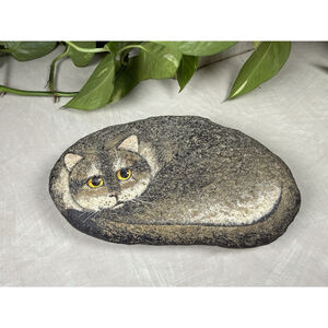 Vintage Hand Painted Cat Rock Door Stop Paperweight Artist Signed Pat Gaines ‘91